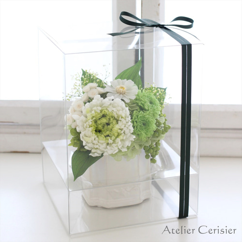 プリザーブドフラワー仏花＜スーベニア Sサイズ＞グリーン 菊 百日草