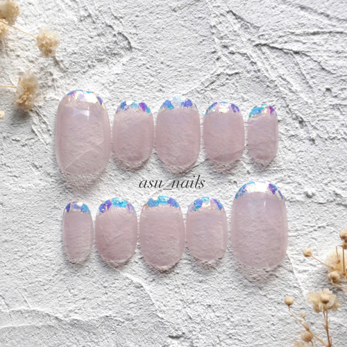 No.44》 ネイルチップ ガラスフレンチ フレンチネイル シンプル 氷