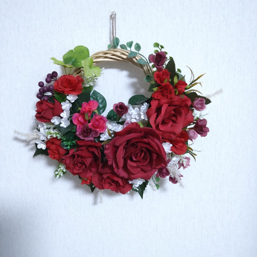 ❤真紅の薔薇の素敵なフラワーリース 一点物 玄関リース 壁飾り