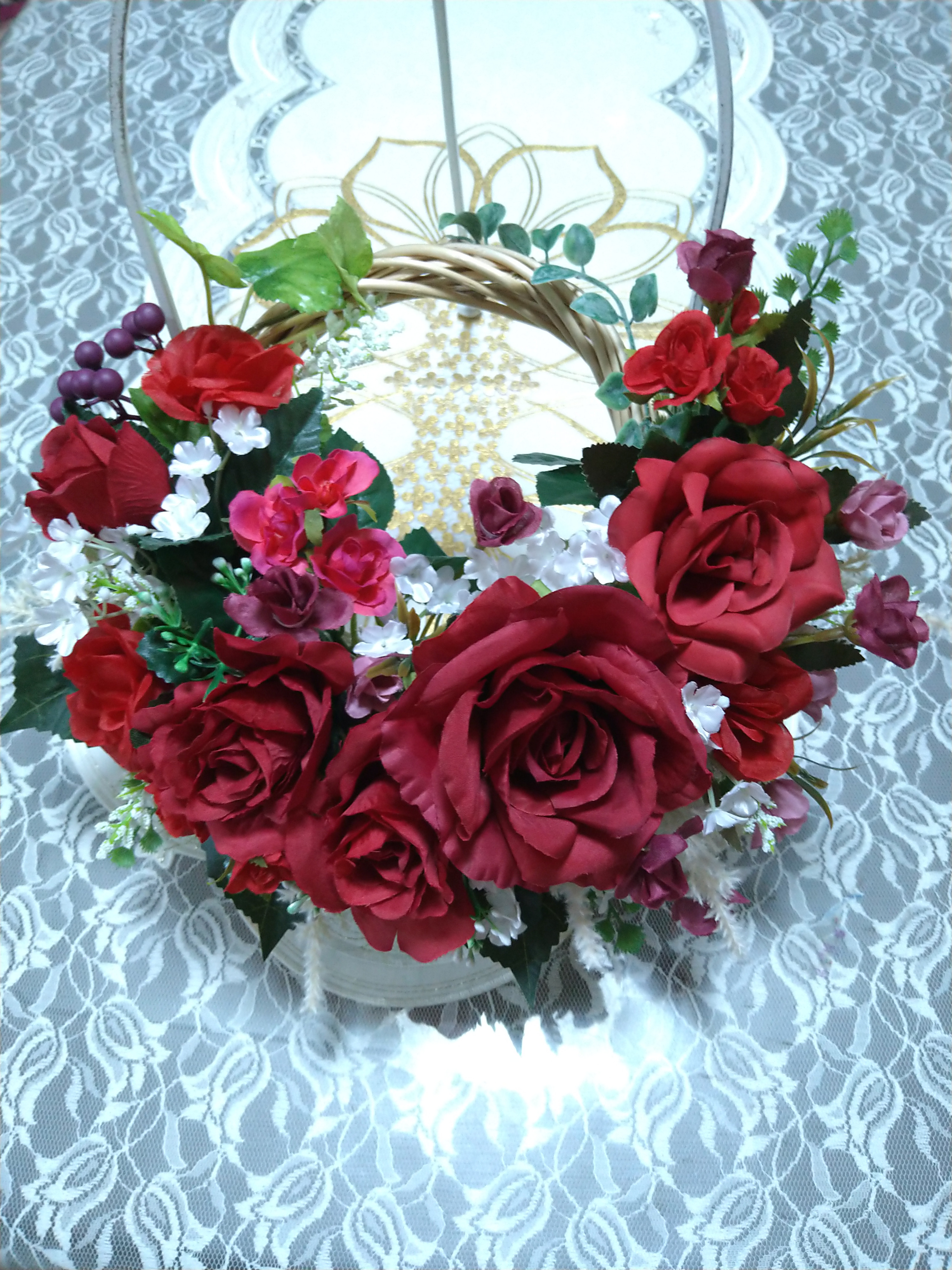 ❤真紅の薔薇の素敵なフラワーリース 一点物 玄関リース 壁飾り