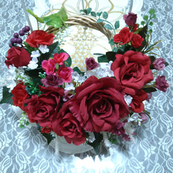 ❤真紅の薔薇の素敵なフラワーリース 一点物 玄関リース 壁飾り