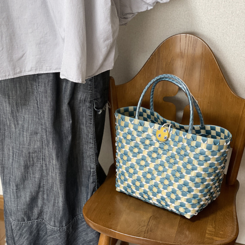 受注制作】 ☆手提げ型プラカゴ☆ 花柄（ビリジアンブルー