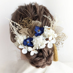 髪飾り 成人式 卒業式 結婚式 ドライフラワー 青 白 ゴールド RC19 2枚目の画像