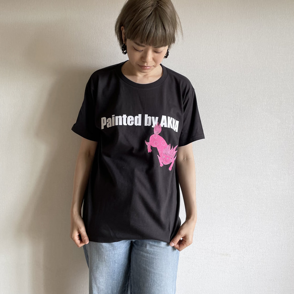 ロゴプリント/手描き絵付けTシャツ/ピンクの獅子/S・M・L 3枚目の画像