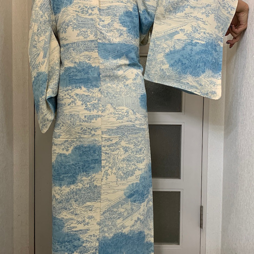 ブルーの風景柄 絹縮緬生地 アロハシャツ 着物リメイク1点もの シャツ