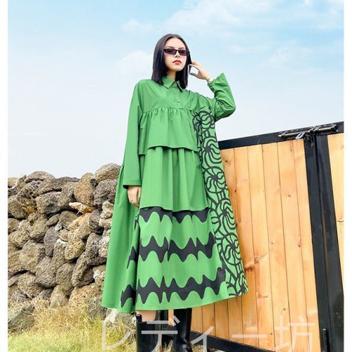 ロング丈ワンピース 長袖 レディース春 お洒落 スレンダーライン 重ね