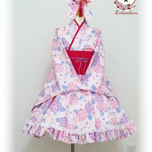 和ロリ【姫あじさい-うす桃】※一点物 マスク付き 浴衣ドレスセット
