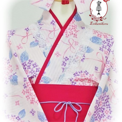 和ロリ【姫あじさい-うす桃】※一点物 マスク付き 浴衣ドレスセット