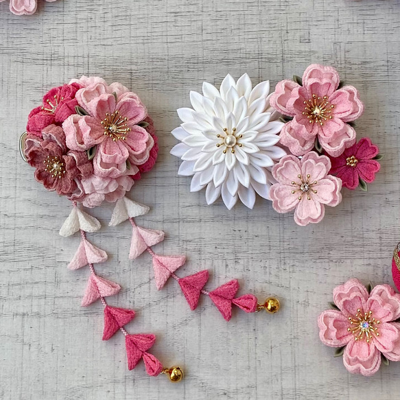 つまみ細工 七五三髪飾り  桜ピンクとローズ　*くすみカラー *ヘアクリップ *桜 *十三詣り *ハーフ成人式 *卒業式 1枚目の画像