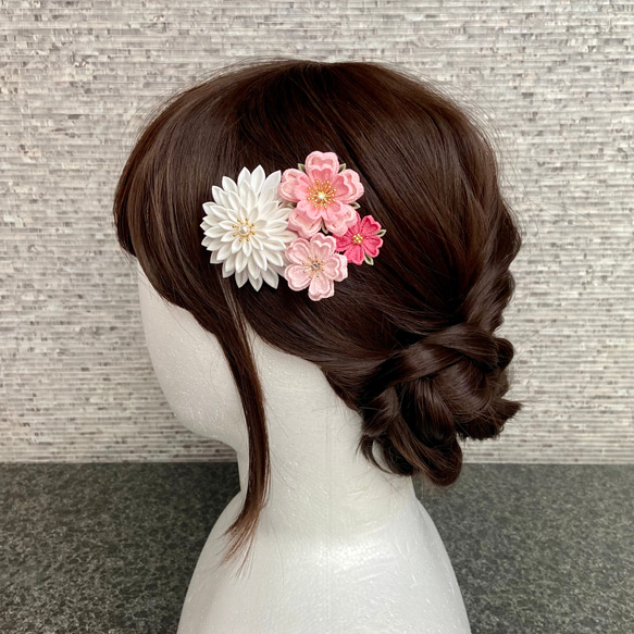 つまみ細工 七五三髪飾り  桜ピンクとローズ　*くすみカラー *ヘアクリップ *桜 *十三詣り *ハーフ成人式 *卒業式 4枚目の画像