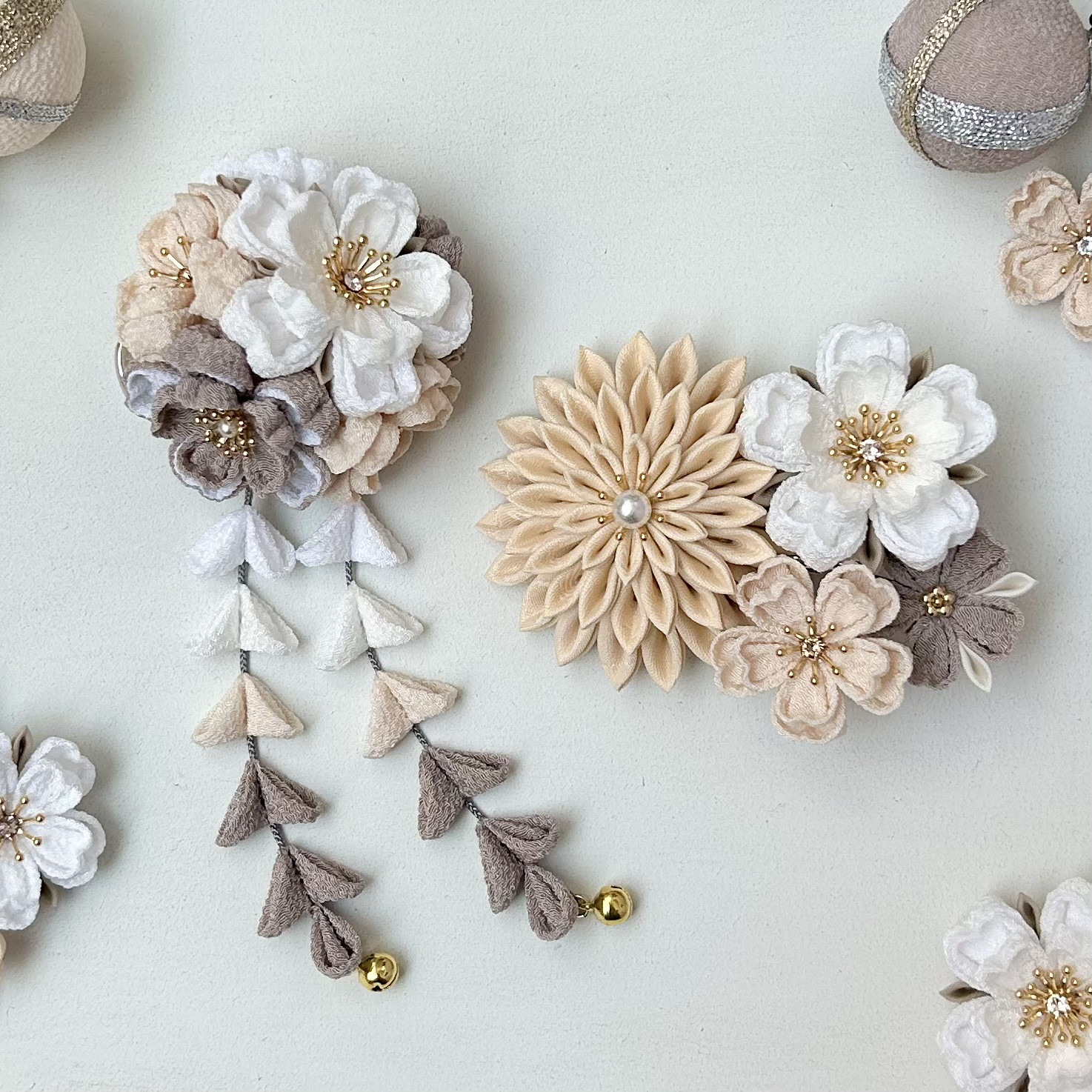 つまみ細工 七五三髪飾り  白 ベージュ グレー　*くすみカラー *ヘアクリップ *桜 *十三詣り *袴 *浴衣