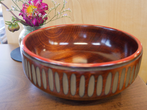 香川漆器*国産天然木の菓子鉢*外側象谷塗ストライプ 1枚目の画像