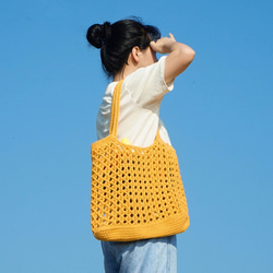 【送料無料】手編みバッグ　かごバッグ　コットン紐　大容量　ネットバッグ　内袋オプション　ベージュ 5枚目の画像