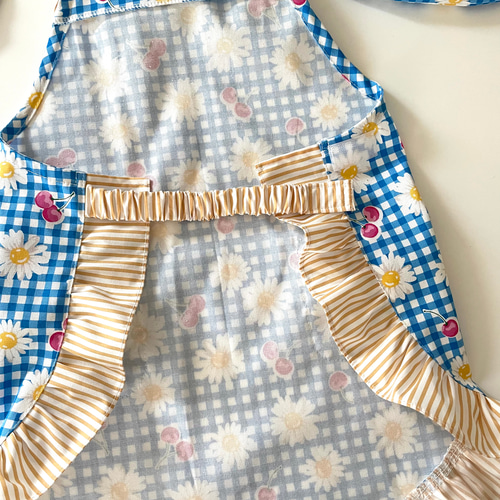 2色♪80-110cm キッズフリルエプロン3点セット マジックテープ開閉