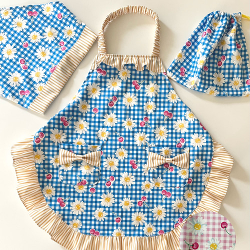 レトロ　花柄・チェック柄三角巾セット SALE！キッズエプロン☆三角巾☆セット☆ゴム☆ポケットつき☆花柄