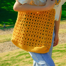 【送料無料】手編みバッグ　かごバッグ　コットン紐　大容量　ネットバッグ　内袋オプション　イェロー 3枚目の画像