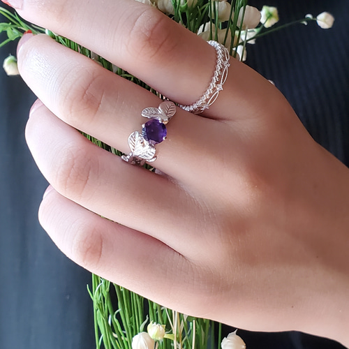 朝顔アメジストシルバー925 上品天然石リング RS-217 ボタニカル指輪