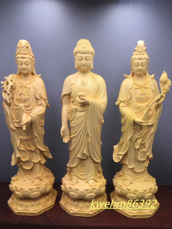 仏像　木彫　菩薩 阿弥陀如来三尊 観音菩薩 勢至菩薩 仏教工芸品 木彫仏像 仏師彫り 極上