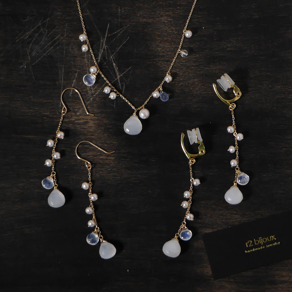 #928 K10 白色月長石和珍珠鍊式耳環 第4張的照片