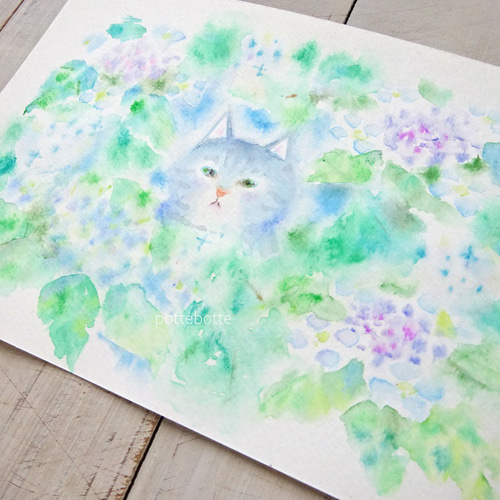 ✻【原画】紫陽花と仔猫 6月の宝石 no.170 | 水彩画 アート 絵 ✻【原画】紫陽花と仔猫 6月の宝石 no.170 | 水彩画 アート 絵