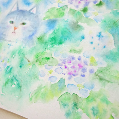 ✻【原画】紫陽花と仔猫 6月の宝石 no.170 | 水彩画 アート 絵