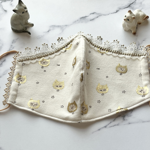 t】フランシュリッペ布の猫マスク・ベージュ【チャリティ】 布マスク  