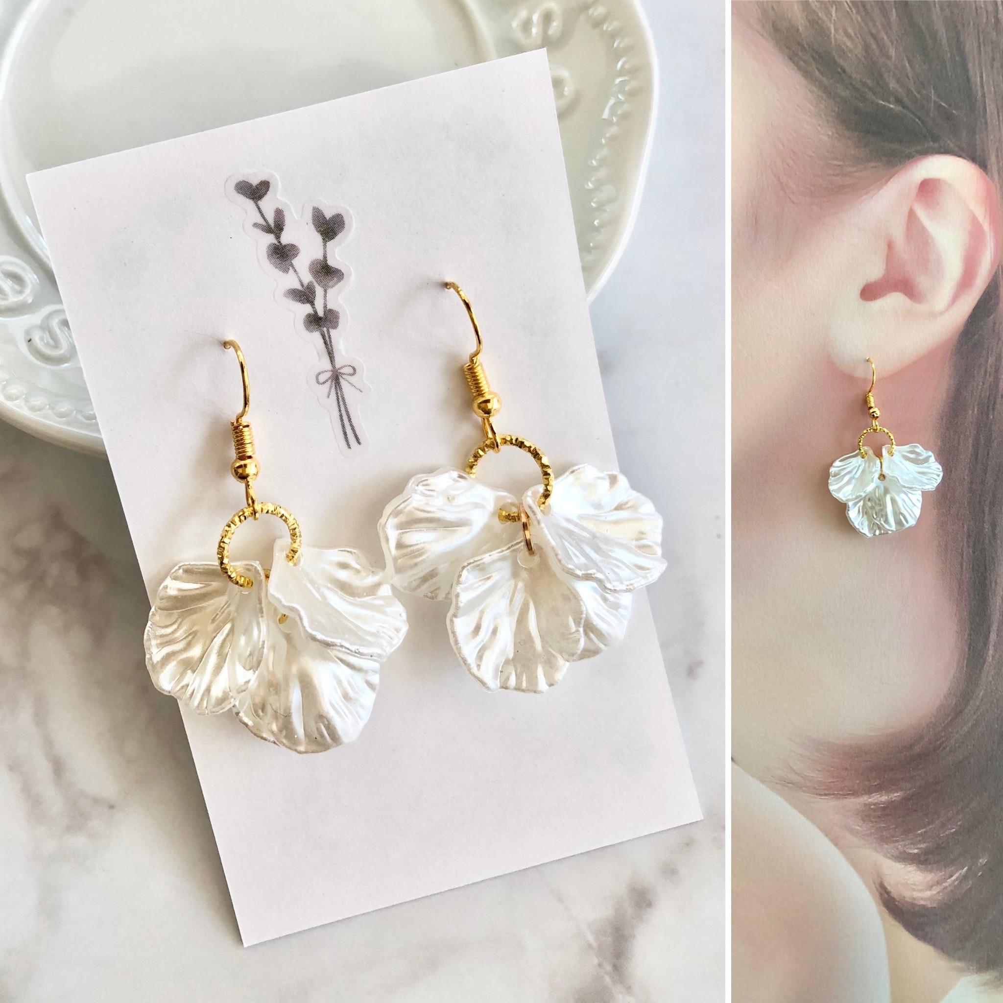 No.814【10ペア】 白い花 チェーン ハンドメイド ピアス イヤリング No.814【10ペア】 白い花 チェーン ハンドメイド ピアス イヤリング