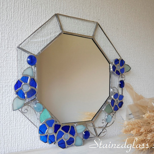 ✴︎:.｡豪華♪青いお花の壁掛け八角形の鏡 (24size) ドレッサー 