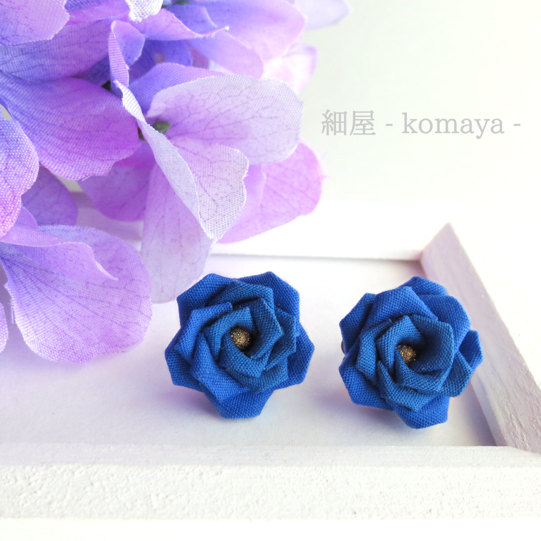 受注制作 】 青薔薇のイヤリング/ピアス つまみ細工 イヤリング