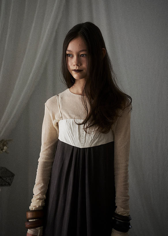 Corset Camisole dress/ Kids130-150cm / Ivory×gray plum 1枚目の画像