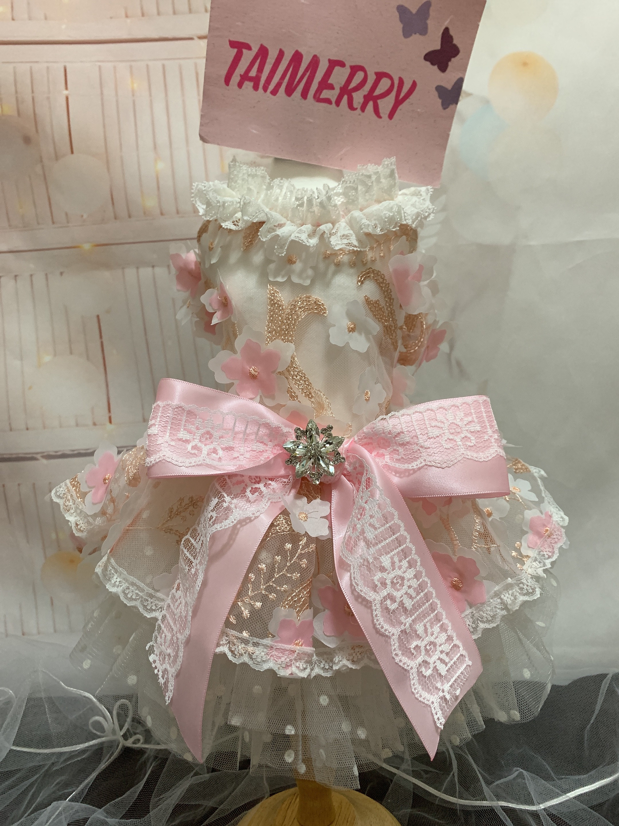 犬猫うさちゃん服　夏も可愛く　花花レースワンピース