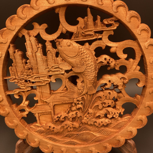 鯉登竜門3 26.5cm（登竜門・滝登り) 参次元彫刻『雅』 透かし彫 楠 