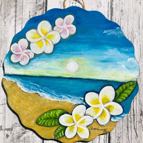 プルメリア・アート　原画 原画販売】海の絵・プルメリアの砂浜 インテリア壁掛け 絵画 K-asian