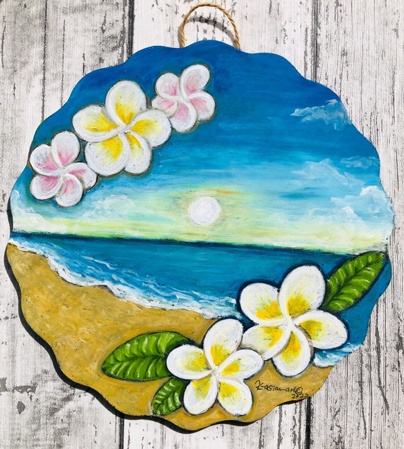 原画販売】海の絵・プルメリアの砂浜 インテリア壁掛け 絵画 K