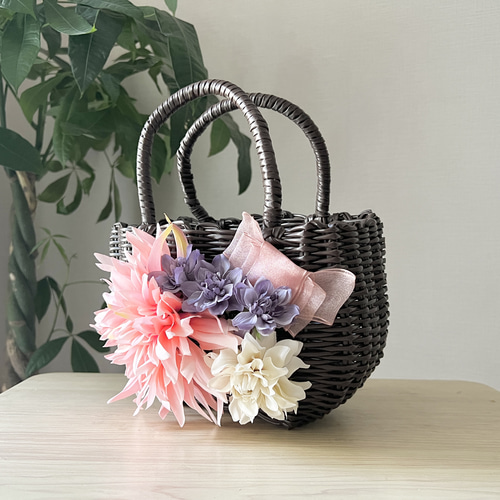 買取り実績  華やかお花のフラワーカゴバッグ〜ブラウンカラー（Sサイズ バッグ