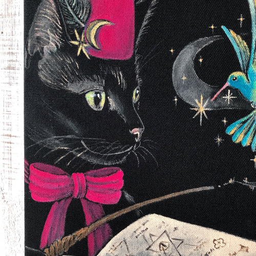 黒猫魔法使いSMサイズ額付きアート作品 アクリル画原画 猫 徳島洋子