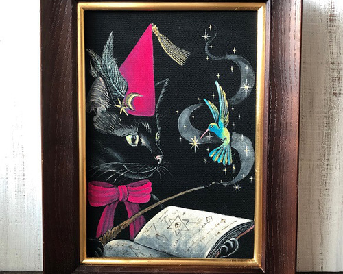「黒猫魔法使い」SMサイズ額付きアート作品 アクリル画原画 猫