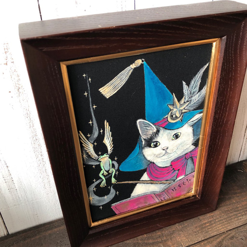 猫の油絵【窓の向こう】1点物の原画/作者サイン入り/額縁付属/フルイドアート 白猫魔法使い」SMサイズ額付きアート作品 アクリル画原画 猫