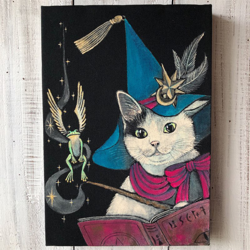 白猫魔法使いSMサイズ額付きアート作品 アクリル画原画 猫 徳島洋子