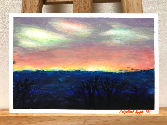 原画：ハガキサイズ】 日が昇る オイルパステル画 風景画 海の絵