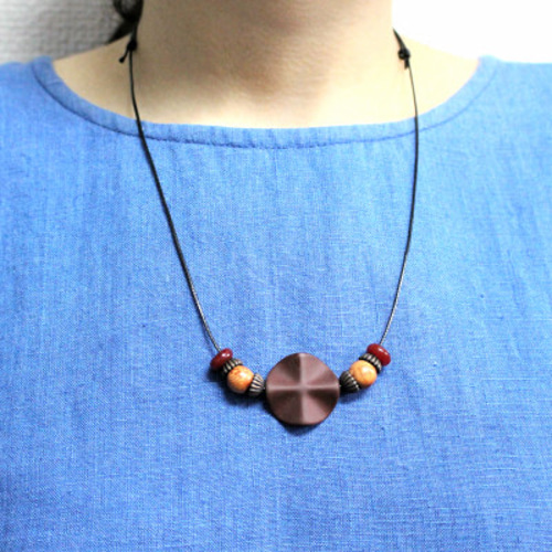 波型パーツとどんぐりパーツのネックレス NS-K-013 WAXコード紐 和雑貨