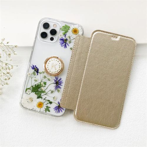 手帳型ケース」かすみ草と紫苑（シオン）の押し花スマホケース