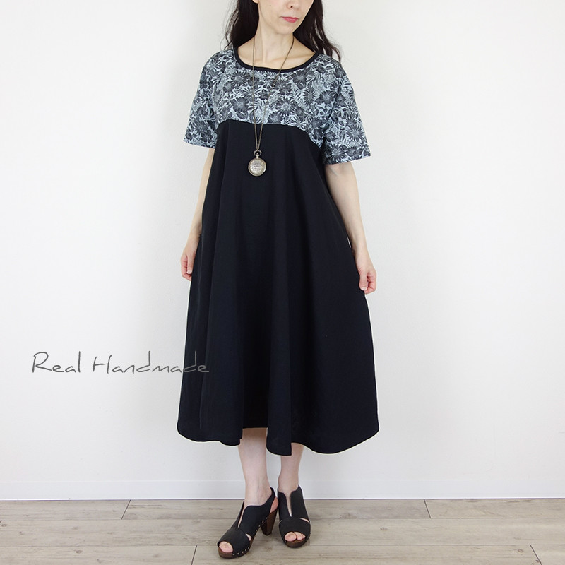 [予約販売] ワッシャー単色フラワーとブラックWガーゼドロップワンピース