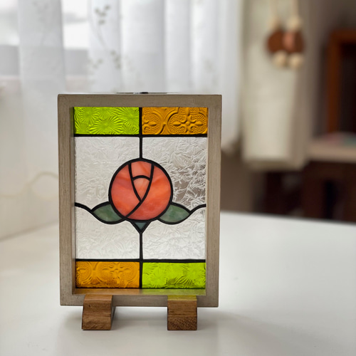 ステンドグラス ミニパネル バラ（ピンク） その他インテリア雑貨