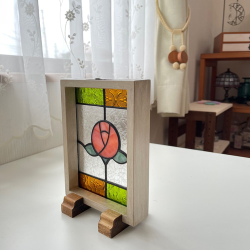 ステンドグラス ミニパネル バラ（ピンク） その他インテリア雑貨