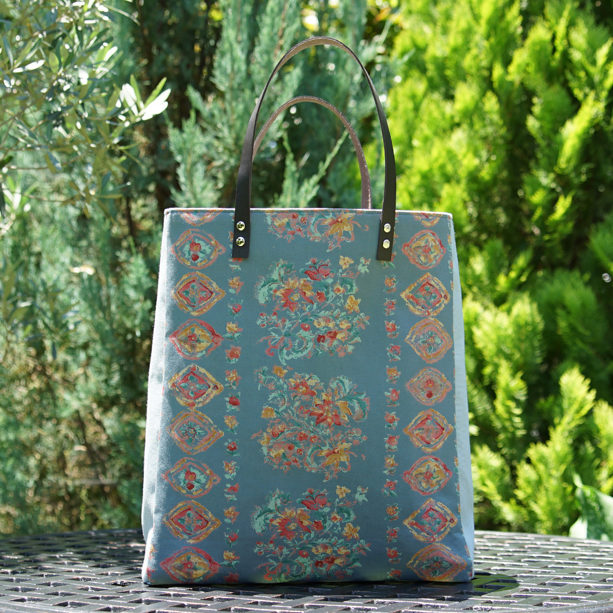 スイス 輸入生地 トートバッグ A4 縦型 花柄 ボーダー くすみブルー