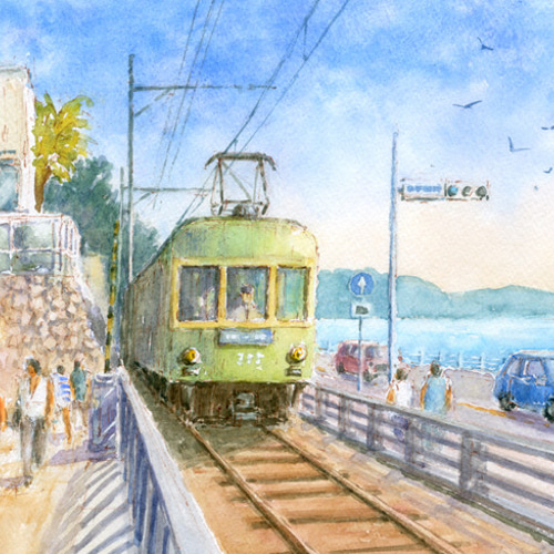 現在開催中のキャンペーン＆お得情報 絵画 ＃512 湘南を走る江ノ電 水彩画原画 syoumei 14192295 通販 絵画