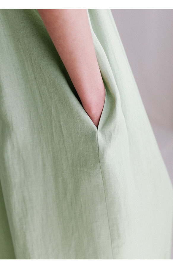 夏ラミー袖なしワンピース  薄緑色/黒色 5枚目の画像