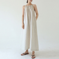 夏ピュアリネンスリングドレスAラインスカートラミー袖なしワンピース  ♥リネン色 3枚目の画像