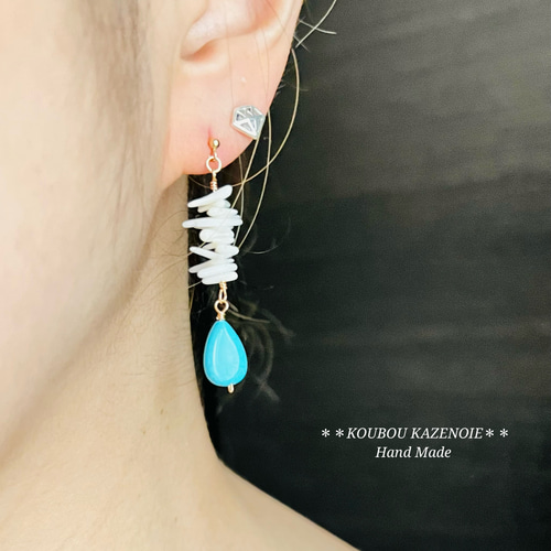 海と空のピアス♪14kgf◇珊瑚とターコイズのピアス(ホワイトコーラル 
